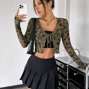 Floral Olive Green Sheer Top Size Juniors L New